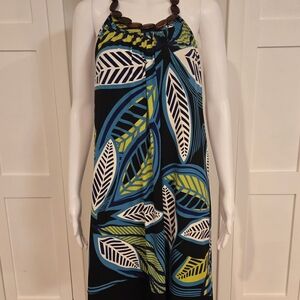Glamour Blue and Black Leaf Print Halter Dress